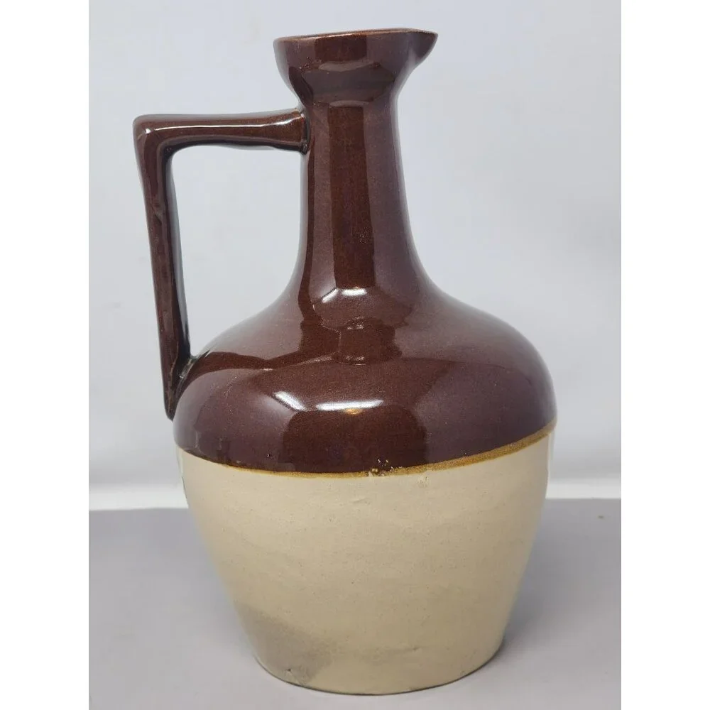 Vintage Two-Tone Brown & Cream Stoneware‎ Jug With Handle Federal Law Stamp